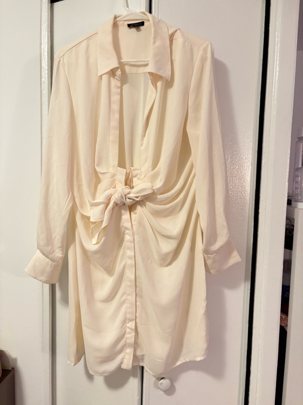 Dynamite clothing Cream Tie-Front Long Sleeve Shirt Dress